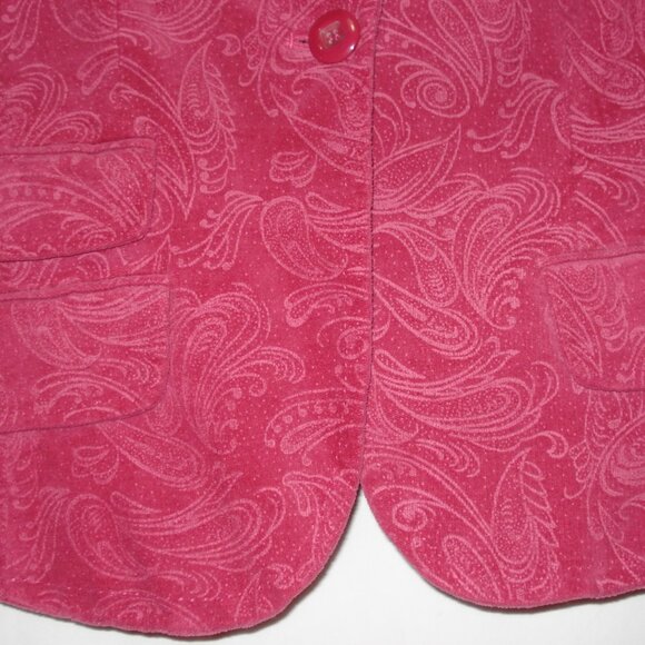 Damask Print Long Sleeve Blazer in Fuchsia. One Button Lapel. V-Neck. - Picture 4 of 9
